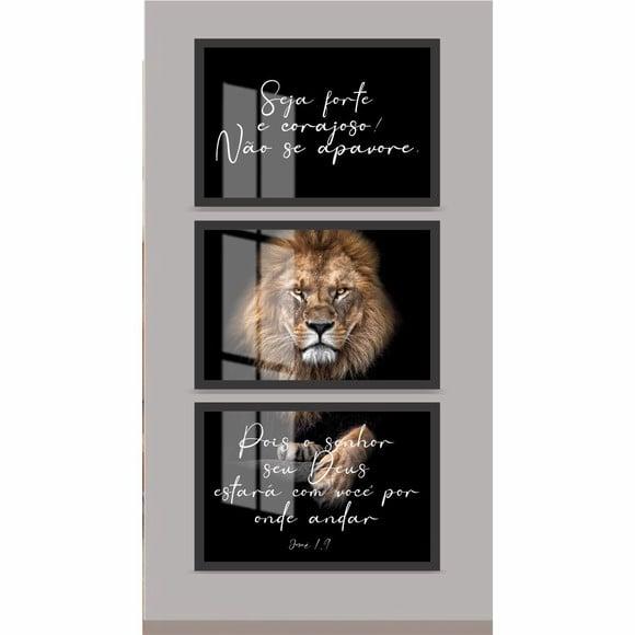 Kit 3 Quadros Decorativos Leão de Judá Frases Moldura Vidro