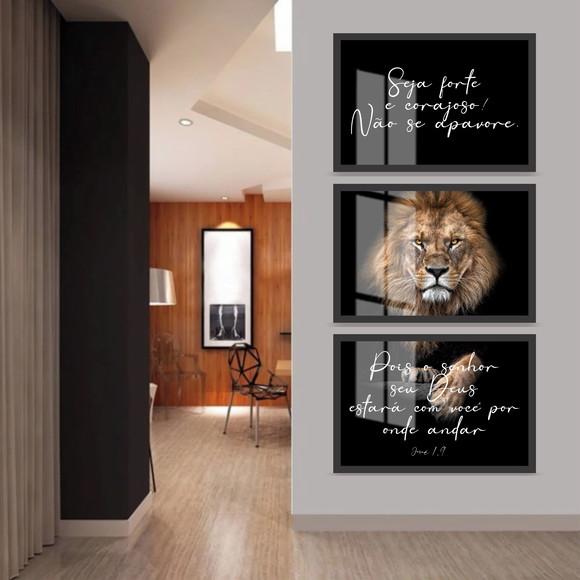 Kit 3 Quadros Decorativos Leão de Judá Frases Moldura Vidro
