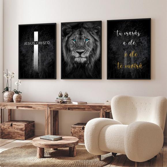 Kit 3 Quadros Decorativos Leão De Judá Jesus Cristo Moldura
