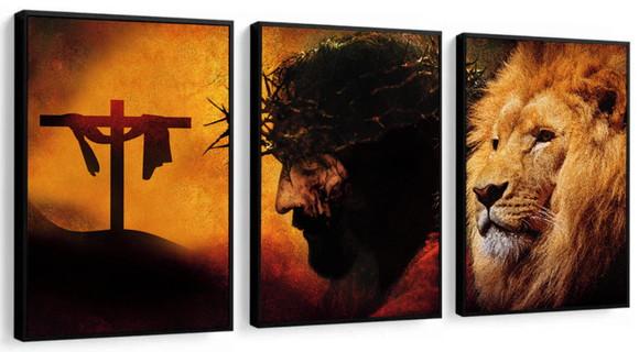 Kit 3 Quadros Decorativos Leão De Judá Jesus Cristo Molduras