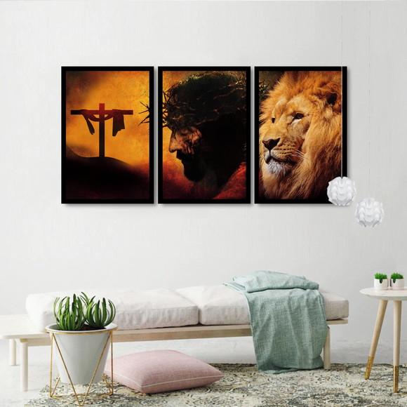 Kit 3 Quadros Decorativos Leão De Judá Jesus Cristo Molduras