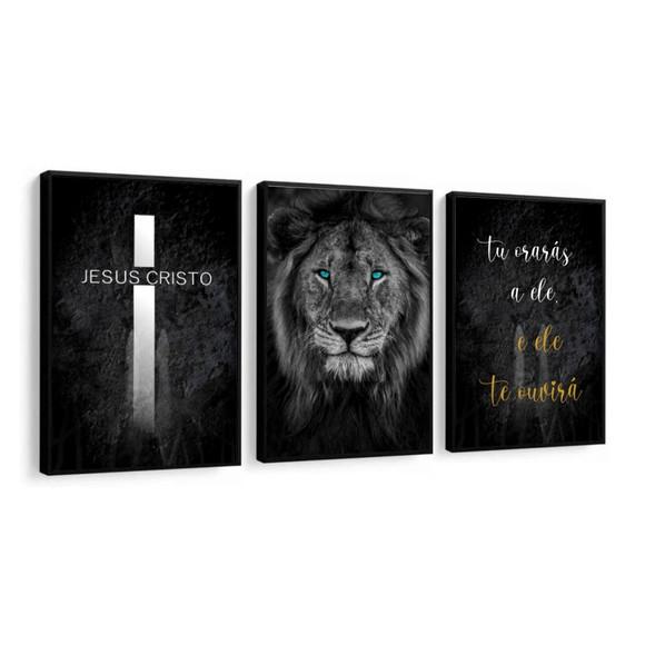 Kit 3 Quadros Decorativos Leão De Judá Jesus Cristo Moldura
