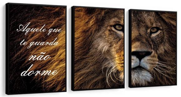 Kit 3 Quadros Decorativos Leão De Judá Oração Com Molduras
