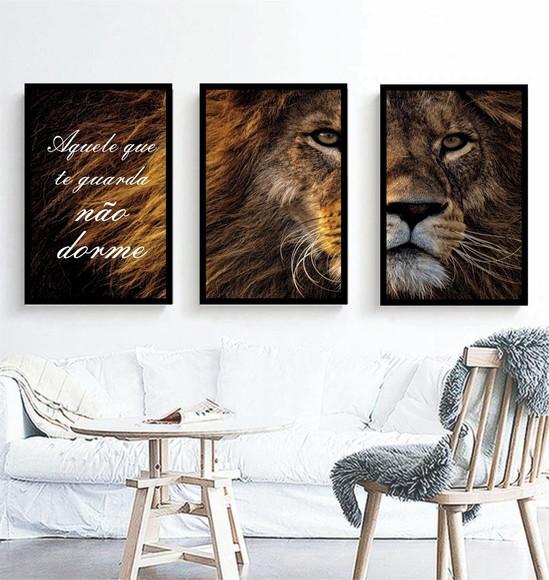 Kit 3 Quadros Decorativos Leão De Judá Oração Com Molduras