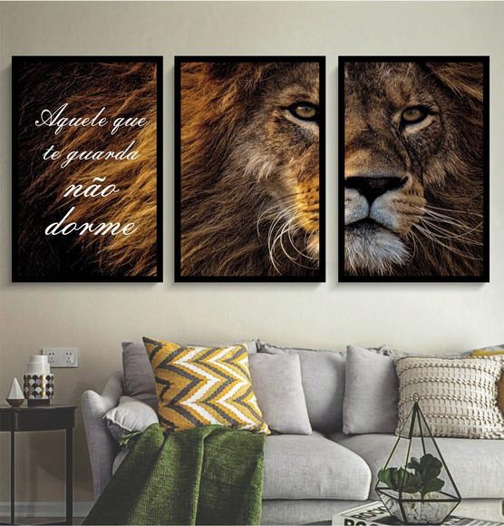 Kit 3 Quadros Decorativos Leão De Judá Oração Com Molduras