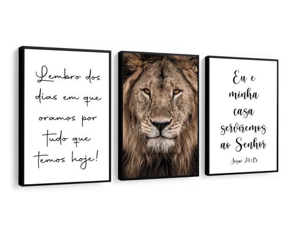 Kit 3 Quadros Decorativos Leão Frases Oração Salmos Moldura