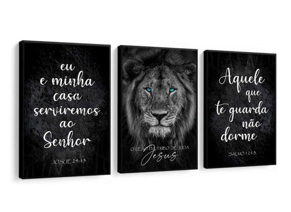 Kit 3 Quadros Decorativos Leão Moderno Oração Frases Moldura