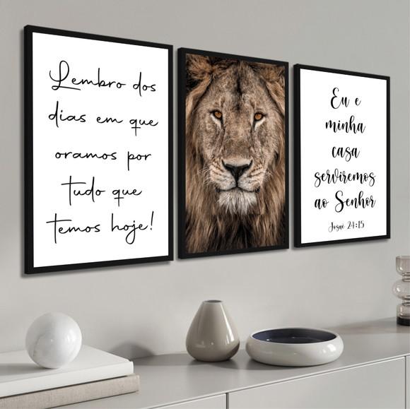 Kit 3 Quadros Decorativos Leão Frases Oração Salmos Moldura