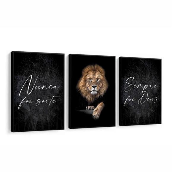 Kit 3 Quadros Decorativos Leão Nunca Foi Sorte com Moldura