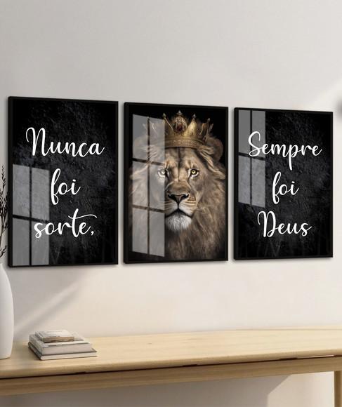 Kit 3 Quadros Decorativos Leão Nunca Foi Sorte Moldura Vidro
