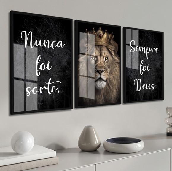 Kit 3 Quadros Decorativos Leão Nunca Foi Sorte Moldura Vidro