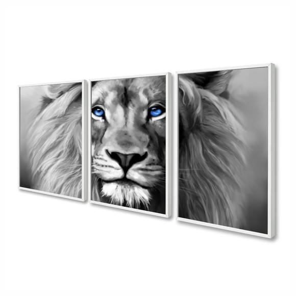 Kit 3 Quadros Decorativos Leão Preto e Branco Com Moldura