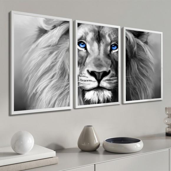 Kit 3 Quadros Decorativos Leão Preto e Branco Com Moldura