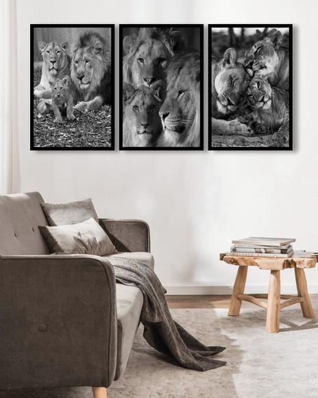 Kit 3 Quadros Decorativos Leão Preto e Branco Sala Moldura