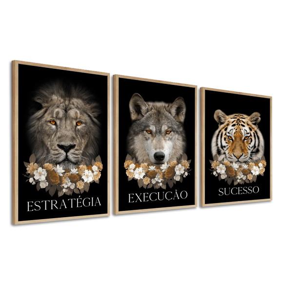 Kit 3 Quadros Decorativos Leão Tigre Lobo Frase Motivacional