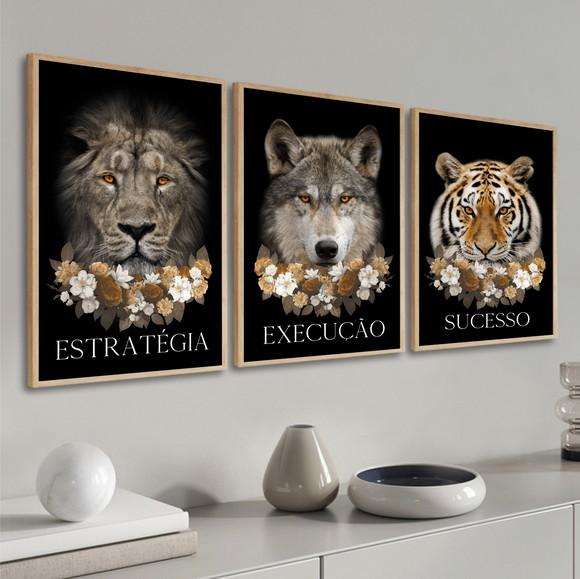 Kit 3 Quadros Decorativos Leão Tigre Lobo Frase Motivacional