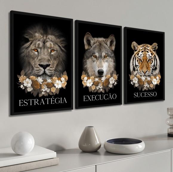 Kit 3 Quadros Decorativos Leão Tigre Lobo Frases Com Moldura