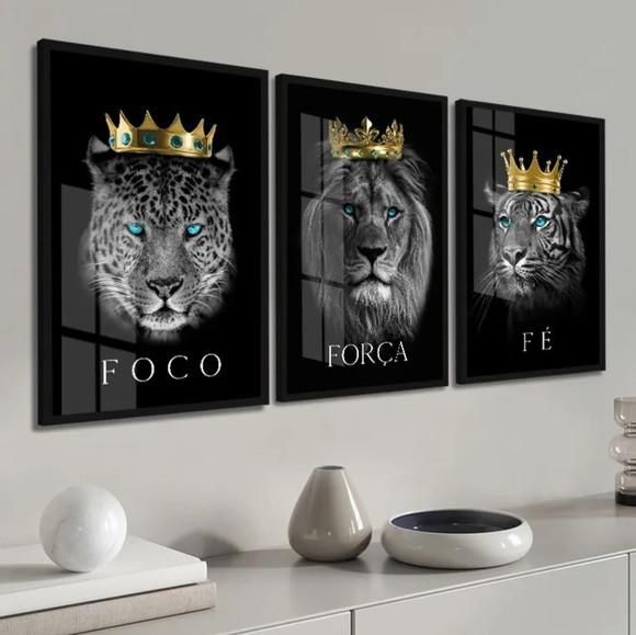 Kit 3 Quadros Decorativos Leão Tigre Onça Com Moldura Vidro