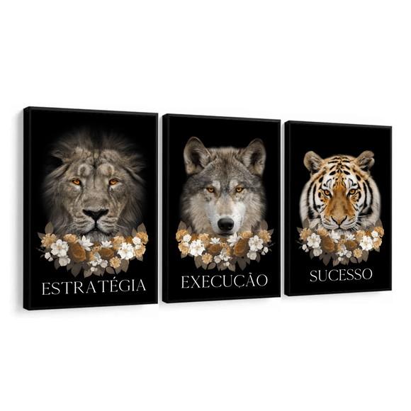 Kit 3 Quadros Decorativos Leão Tigre Lobo Frases Com Moldura