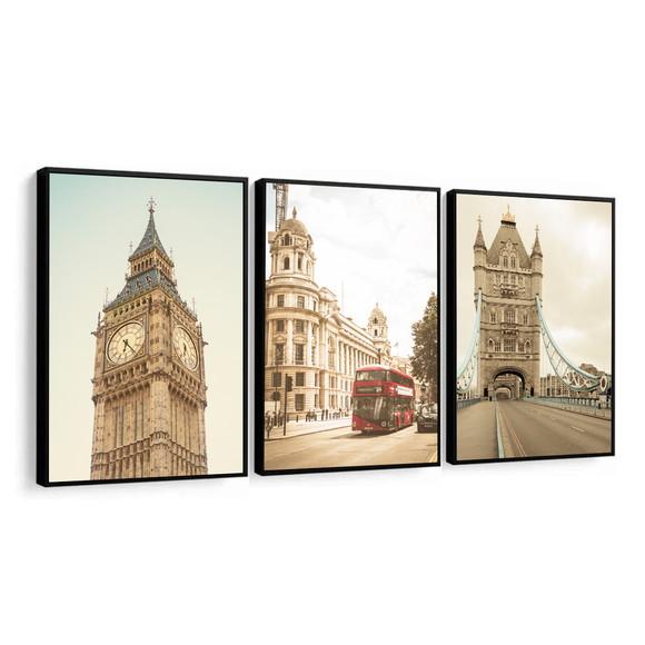 Kit 3 Quadros Decorativos Londres Big Ben Cidade com Moldura