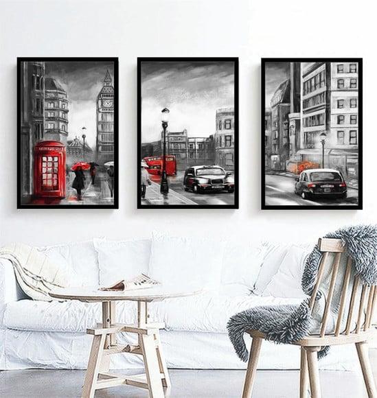 Kit 3 Quadros Decorativos Londres Cidade Para Sala Moldura