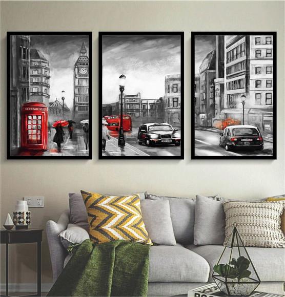 Kit 3 Quadros Decorativos Londres Cidade Para Sala Moldura