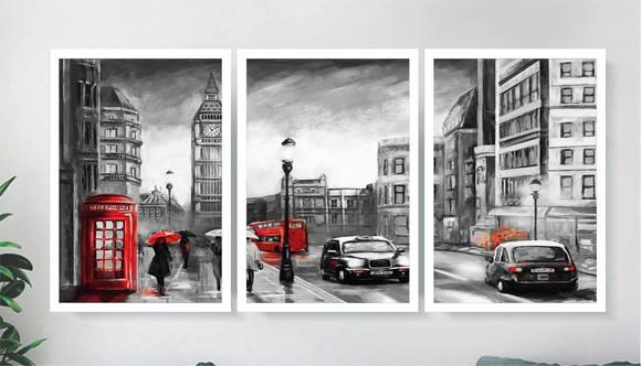 Kit 3 Quadros Decorativos Londres Cidade Para Sala Molduras