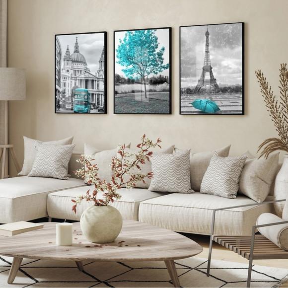 Kit 3 Quadros Decorativos Londres e Paris Arvore Azul Vidro