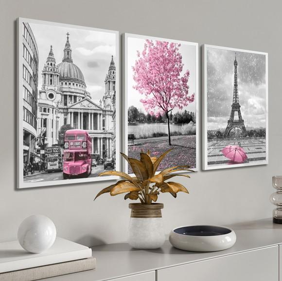 Kit 3 Quadros Decorativos Londres e Paris Arvore Rosa Vidro