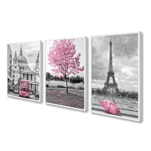 Kit 3 Quadros Decorativos Londres e Paris Rosa com Moldura