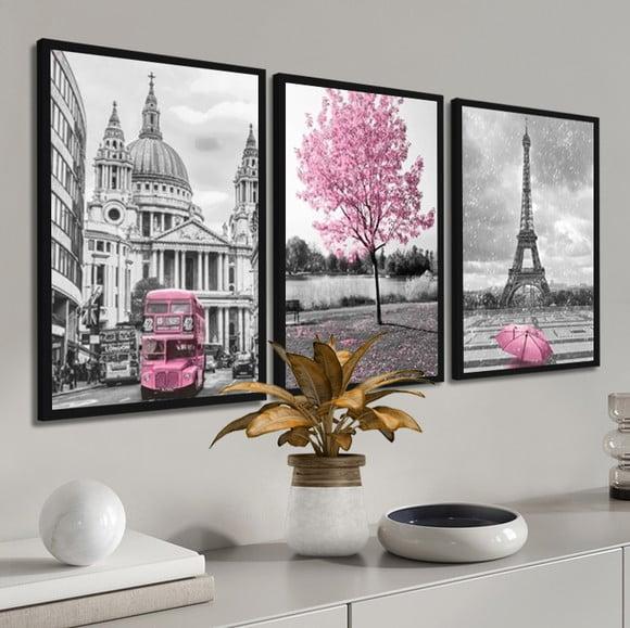 Kit 3 Quadros Decorativos Londres Paris Arvore Com Moldura