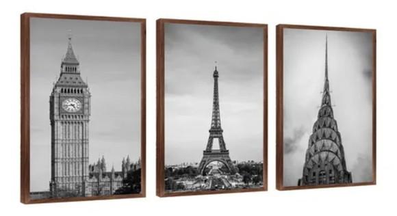 Kit 3 Quadros Decorativos Londres Paris e Nova York Moldura