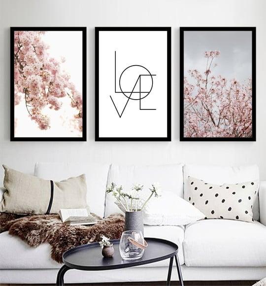 Kit 3 Quadros Decorativos Love Folhagem Quarto Casal Moldura