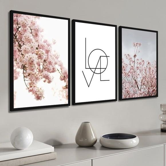 Kit 3 Quadros Decorativos Love Folhagem Quarto Casal Moldura