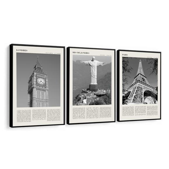 Kit 3 Quadros Decorativos Londres Rio E Paris Com Moldura