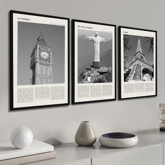 Kit 3 Quadros Decorativos Londres Rio E Paris Com Moldura