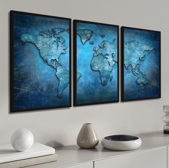 Kit 3 Quadros Decorativos Mapa Mundi Azul Sala Hall Vidro
