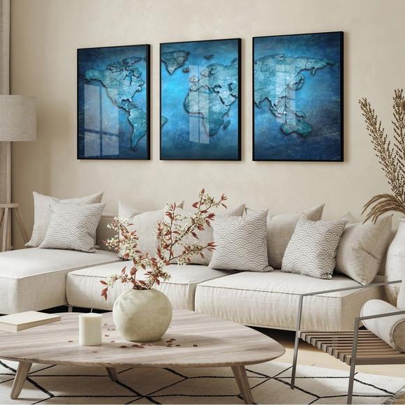 Kit 3 Quadros Decorativos Mapa Mundi Azul Sala Hall Vidro