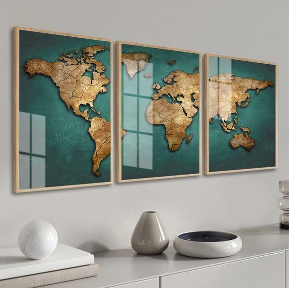 Kit 3 Quadros Decorativos Mapa Mundi Com Moldura E Vidro