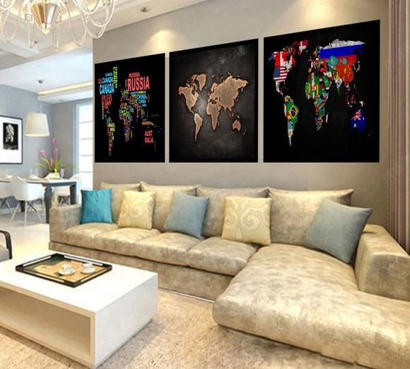 Kit 3 Quadros Decorativos Mapa Mundi Bandeiras Conjunto Luxo