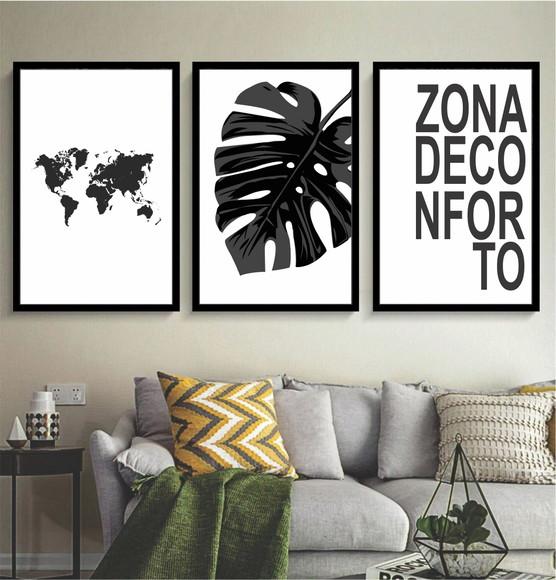 Kit 3 Quadros Decorativos Mapa Mundi Frases Sala Com Moldura
