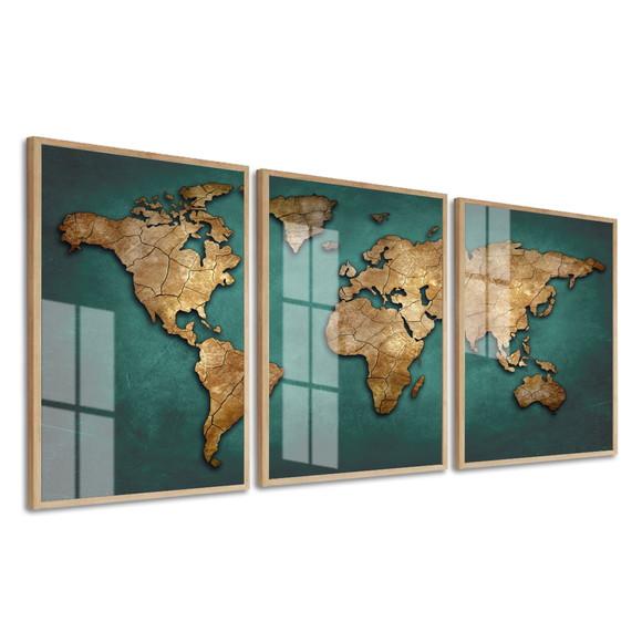 Kit 3 Quadros Decorativos Mapa Mundi Com Moldura E Vidro