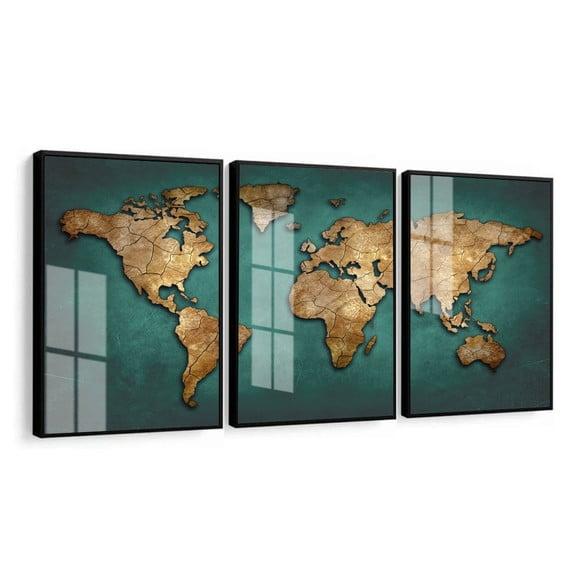 Kit 3 Quadros Decorativos Mapa Mundi Grande Moldura e Vidro