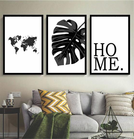 Kit 3 Quadros Decorativos Mapa Mundi Home Para Sala Moldura