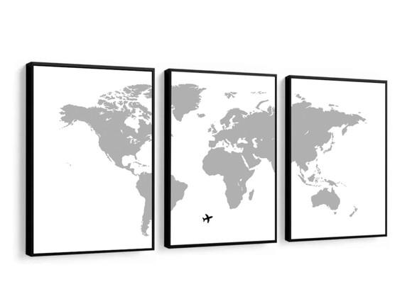 Kit 3 Quadros Decorativos Mapa Mundi Moderno Com Moldura