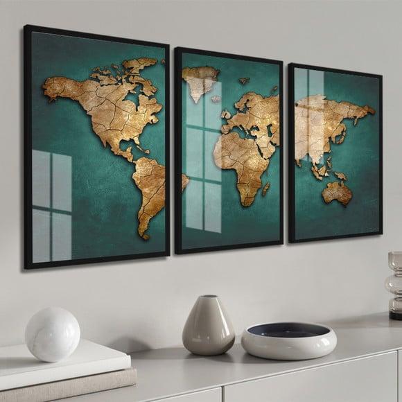 Kit 3 Quadros Decorativos Mapa Mundi Moderno Moldura E Vidro