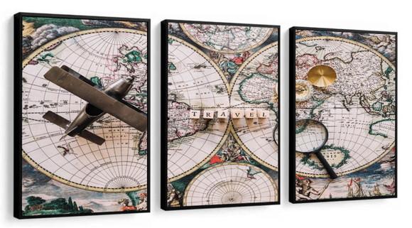 Kit 3 Quadros Decorativos Mapa Mundi Moderno Sala Moldura