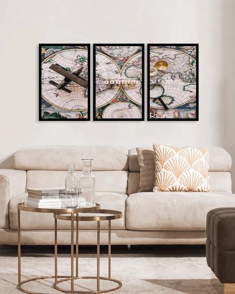 Kit 3 Quadros Decorativos Mapa Mundi Moderno Sala Moldura