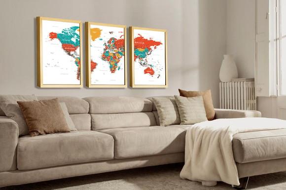 Kit 3 Quadros Decorativos Mapa Mundi Para Sala Casa Molduras