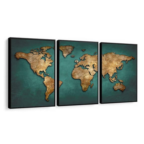 Kit 3 Quadros Decorativos Mapa Mundi para Sala com Moldura